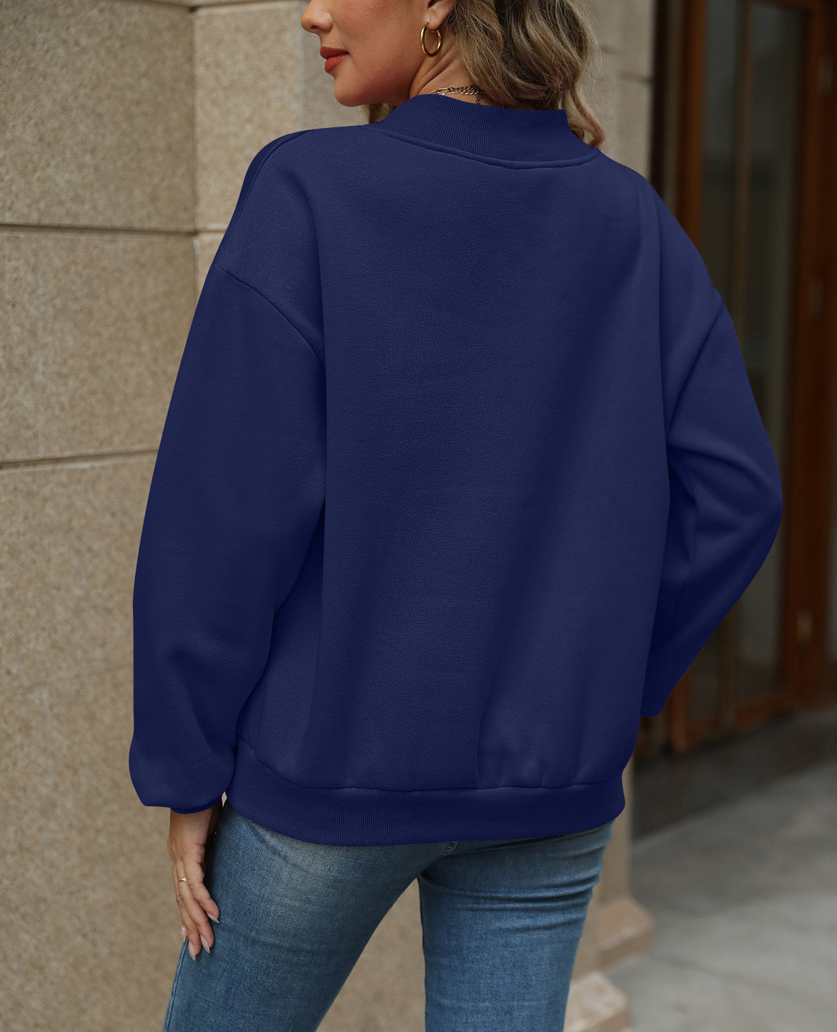 Colorblock V Neck Fleece Sweatshirt Women Casual Pullover Top