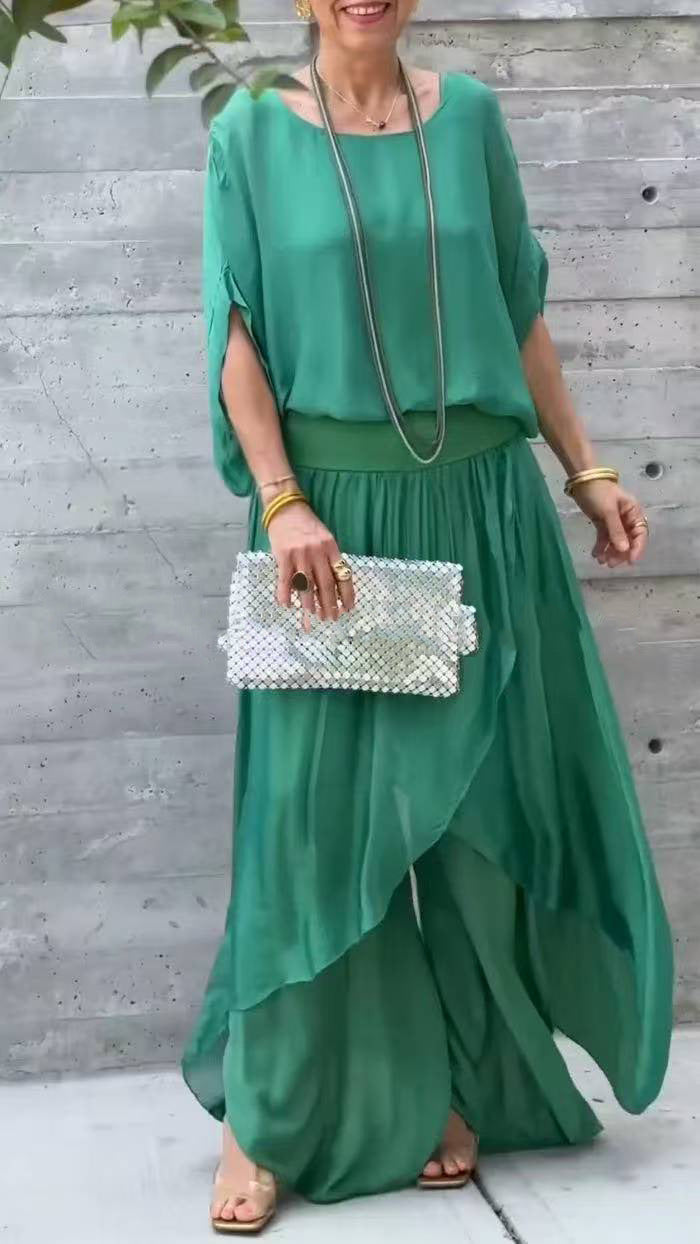 Womens Chiffon Two Piece Set Wide Leg Pants Flowy Ruffle