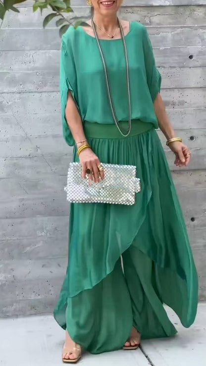 Womens Chiffon Two Piece Set Wide Leg Pants Flowy Ruffle