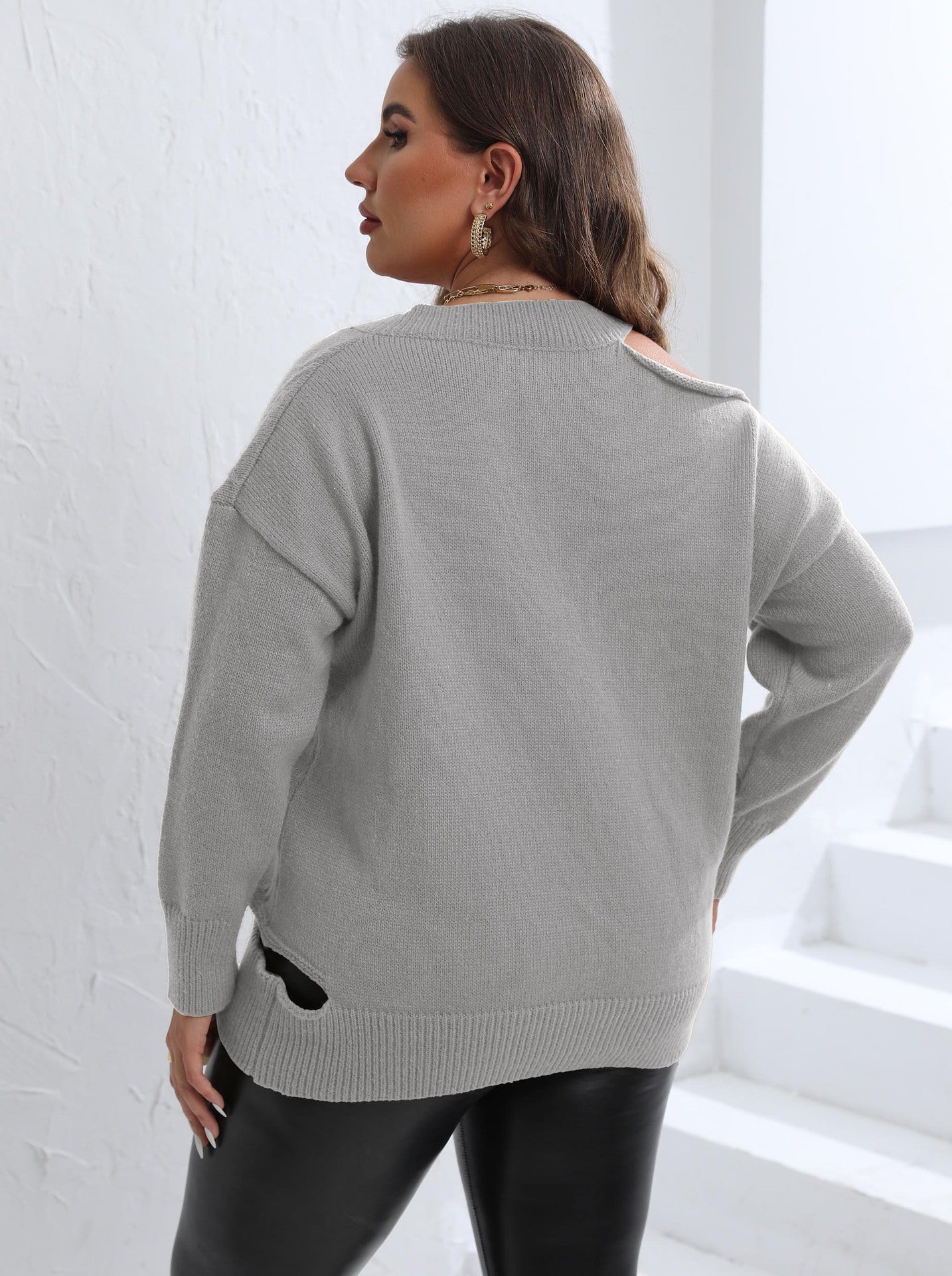 Women's Personalized Off-Shoulder Woven Sweater V-Neck Pullover Sweater
