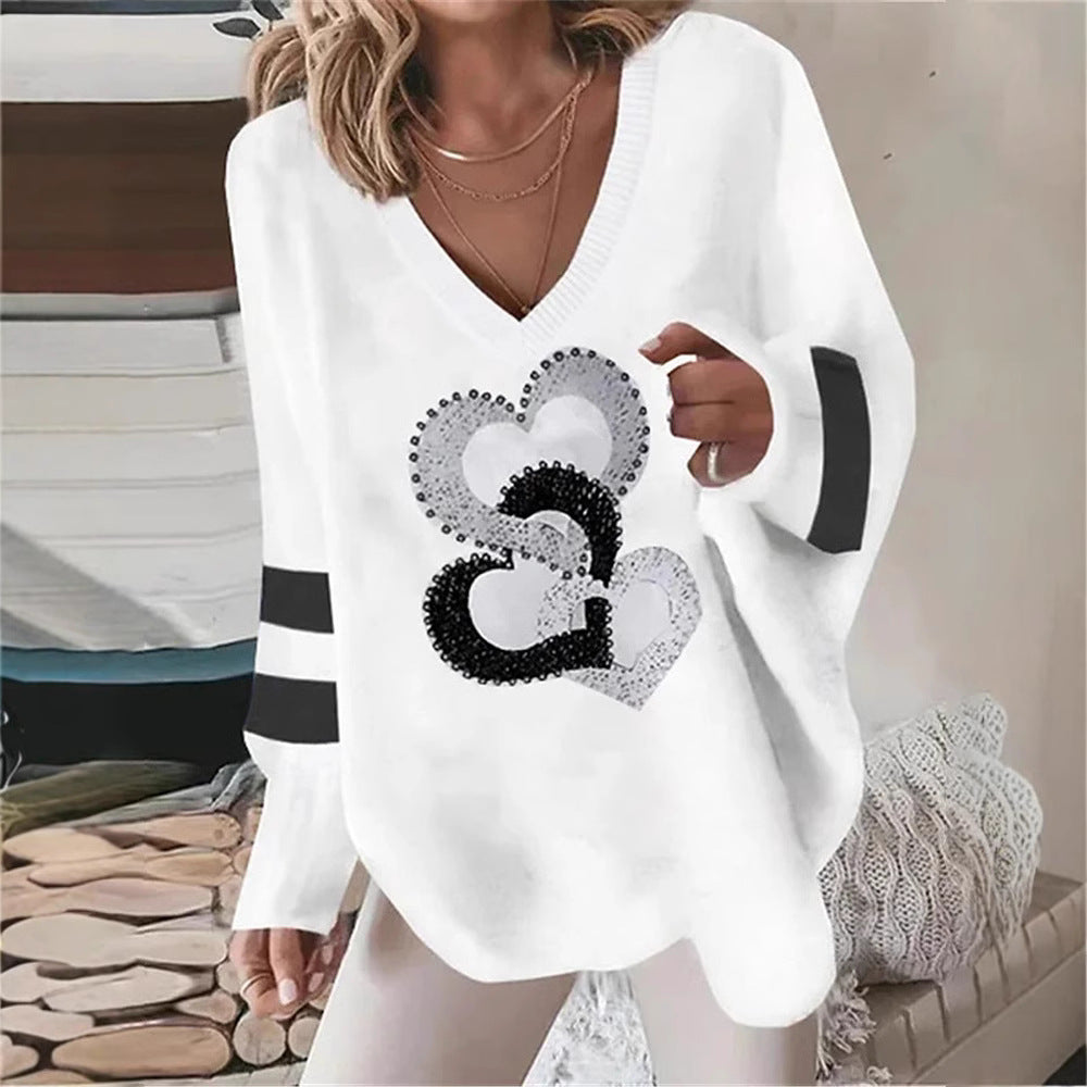 Women's Oversized V-Neck Heart Sweatshirt Long Sleeve