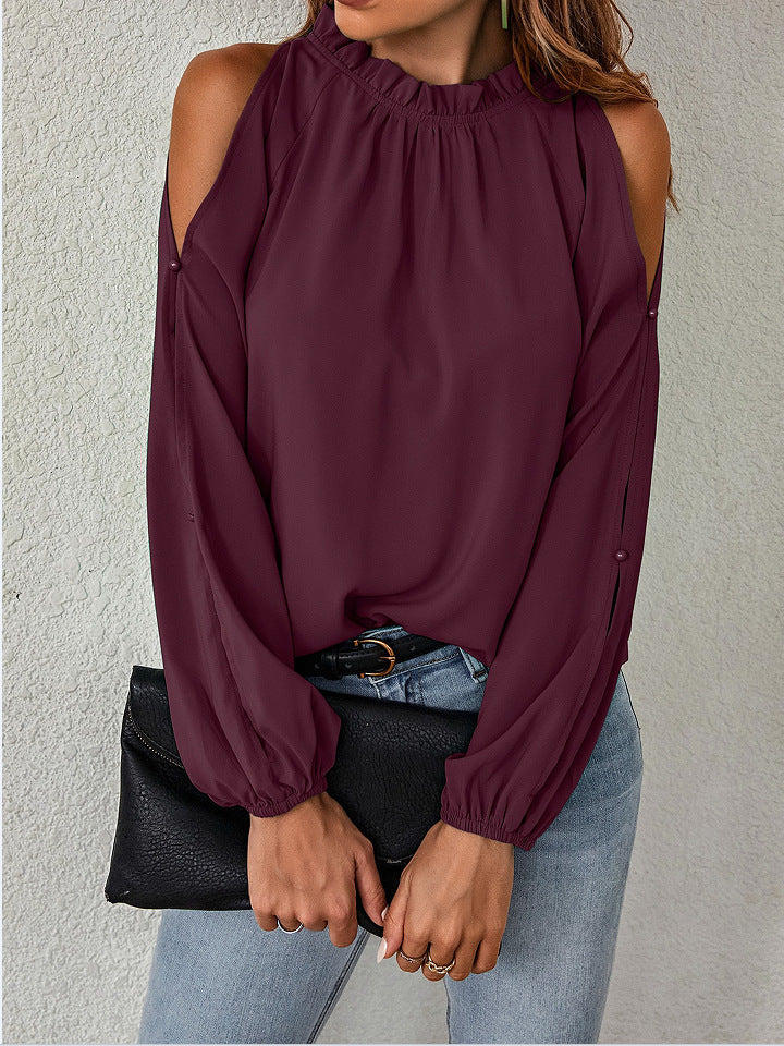 Ruffle Mock Neck Cold Shoulder Chiffon Blouse