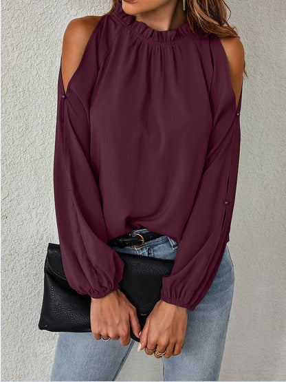 Ruffle Mock Neck Cold Shoulder Chiffon Blouse