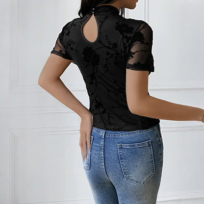 Sexy Chinese Style Sheer Mesh Flocked Cut-Out Top
