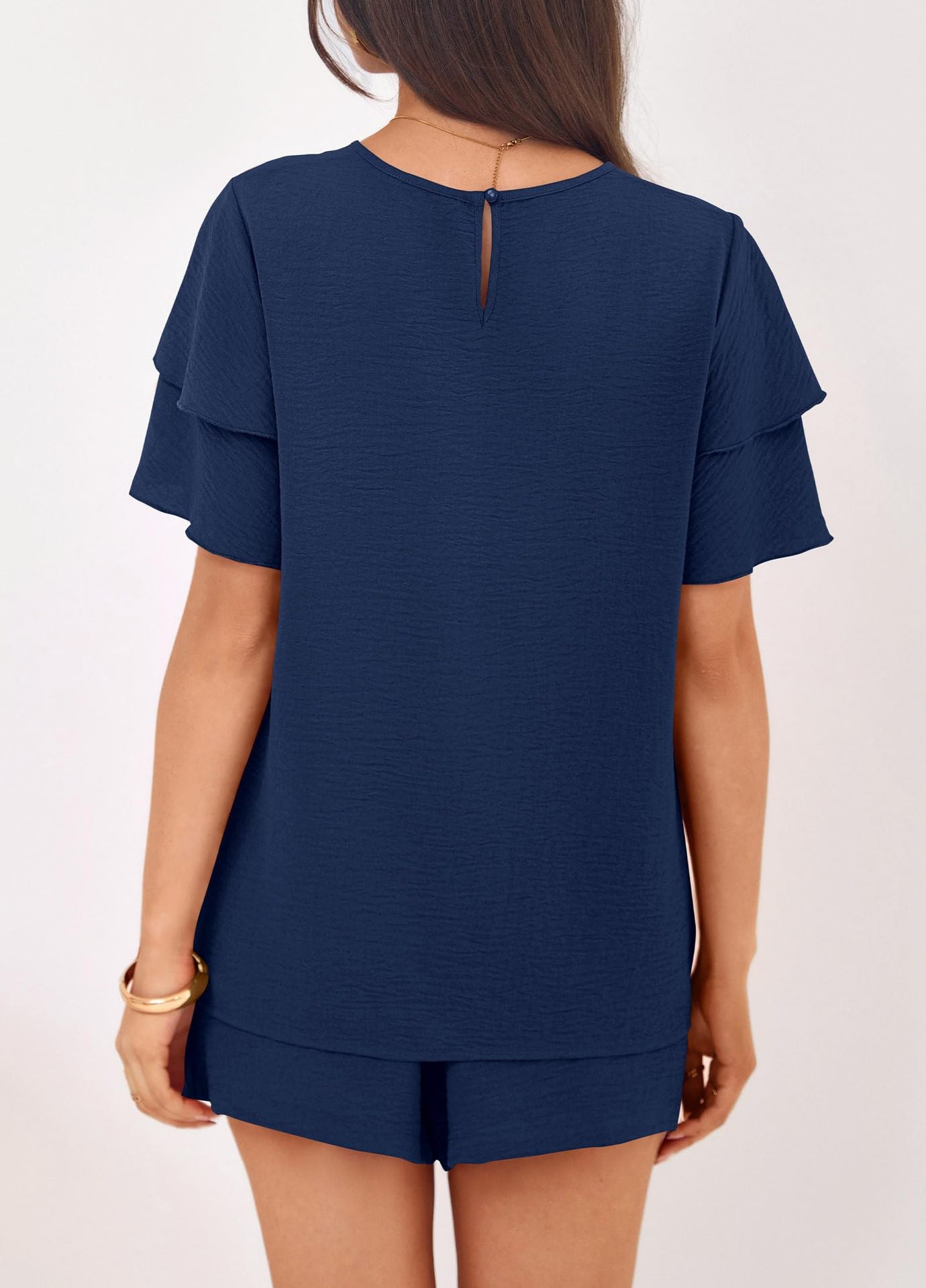 Solid Lounge Set Ruffle Sleeve Top Shorts 2 Piece Set