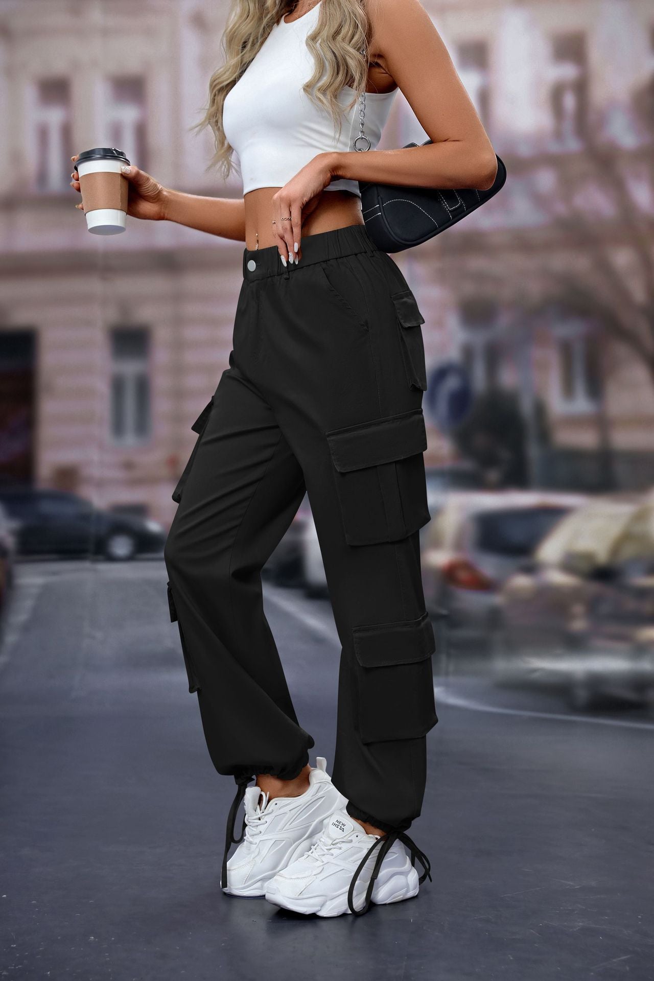 Women's High-Waist Cargo Pants with 8 Pockets, Loose Fit Streetwear