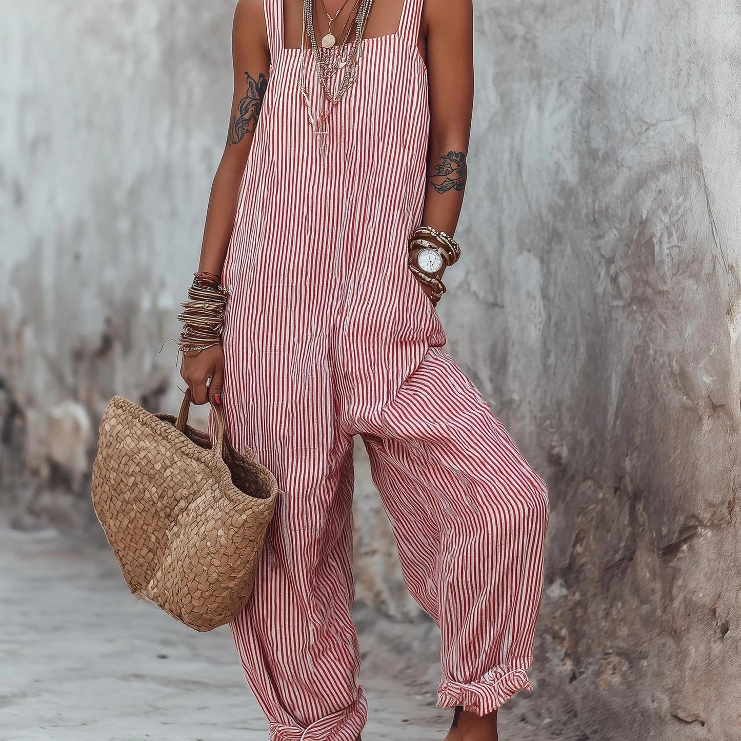 Women Striped Wide Leg Jumpsuit Casual Summer Boho