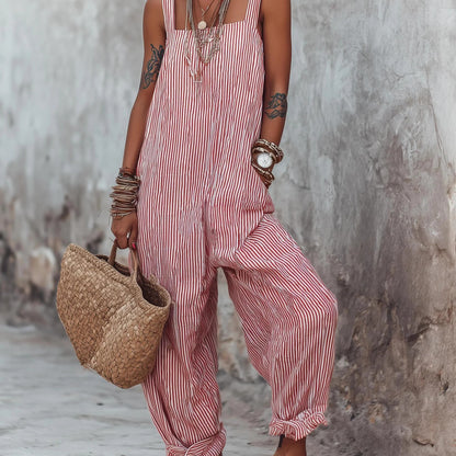 Women Striped Wide Leg Jumpsuit Casual Summer Boho