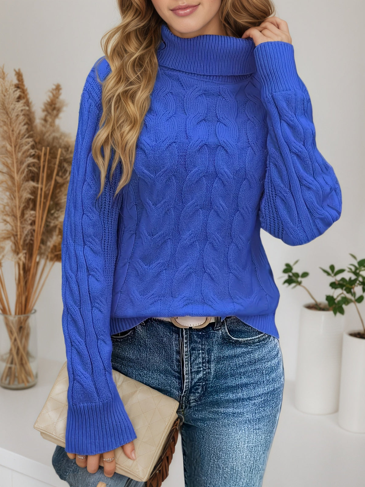 Women's Cable Knit Turtleneck Sweater Long Sleeve