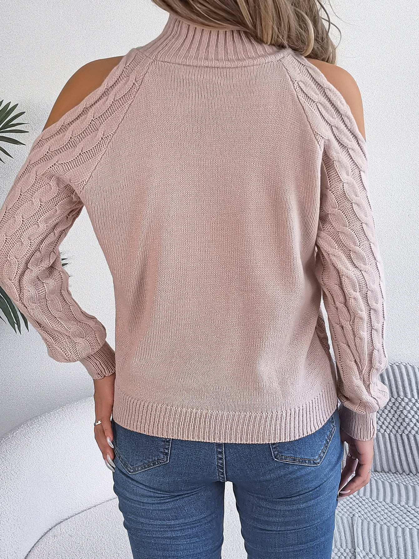 2025 Fall Winter Off-Shoulder Cable Knit Turtleneck Sweater