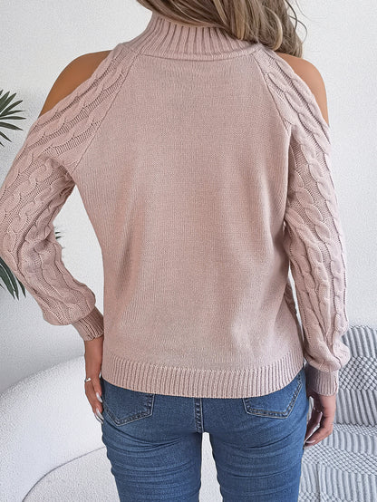 2025 Fall Winter Off-Shoulder Cable Knit Turtleneck Sweater