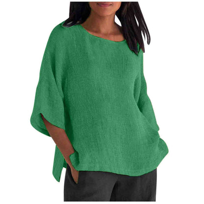 Women's Linen Top Oversized 3/4 Sleeve Round Neck 25 Colors