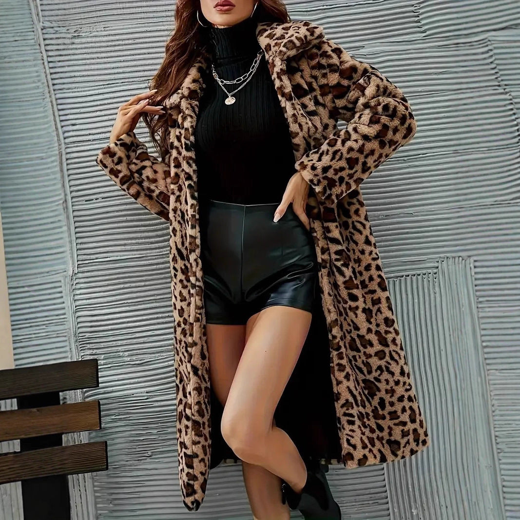 Women's Leopard Print Faux Fur Long Coat