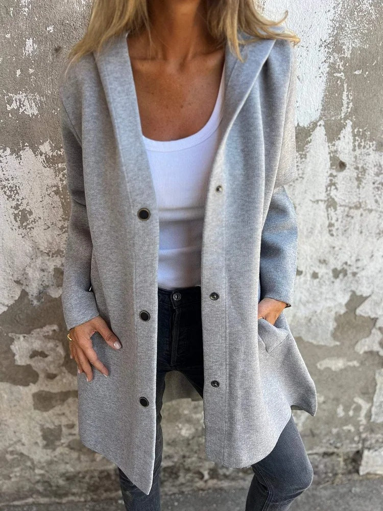 Women's Hooded Coat Button Front Mid Length Casual