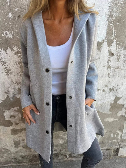 Women's Hooded Coat Button Front Mid Length Casual