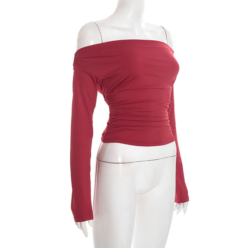 Women's Off Shoulder Ruched Long Sleeve Fitted Crop Top