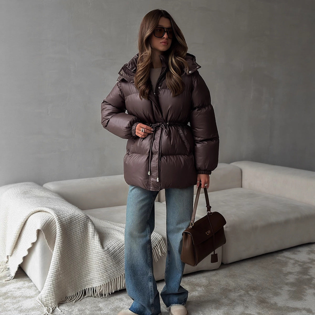 Women's Hooded Puffer Coat Drawstring Waist Mid-Length