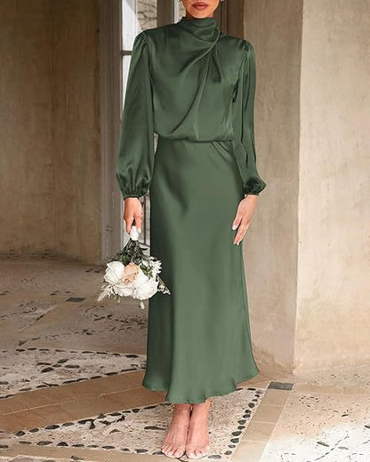 Satin Mock Neck Puff Sleeve Bodycon Midi Dress Cocktail