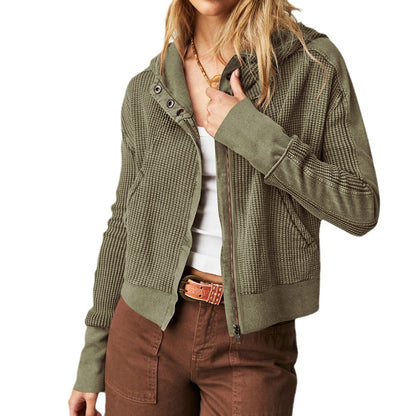 Hooded Zipper Sweater, Spliced Lazy Style Knitted Jacket