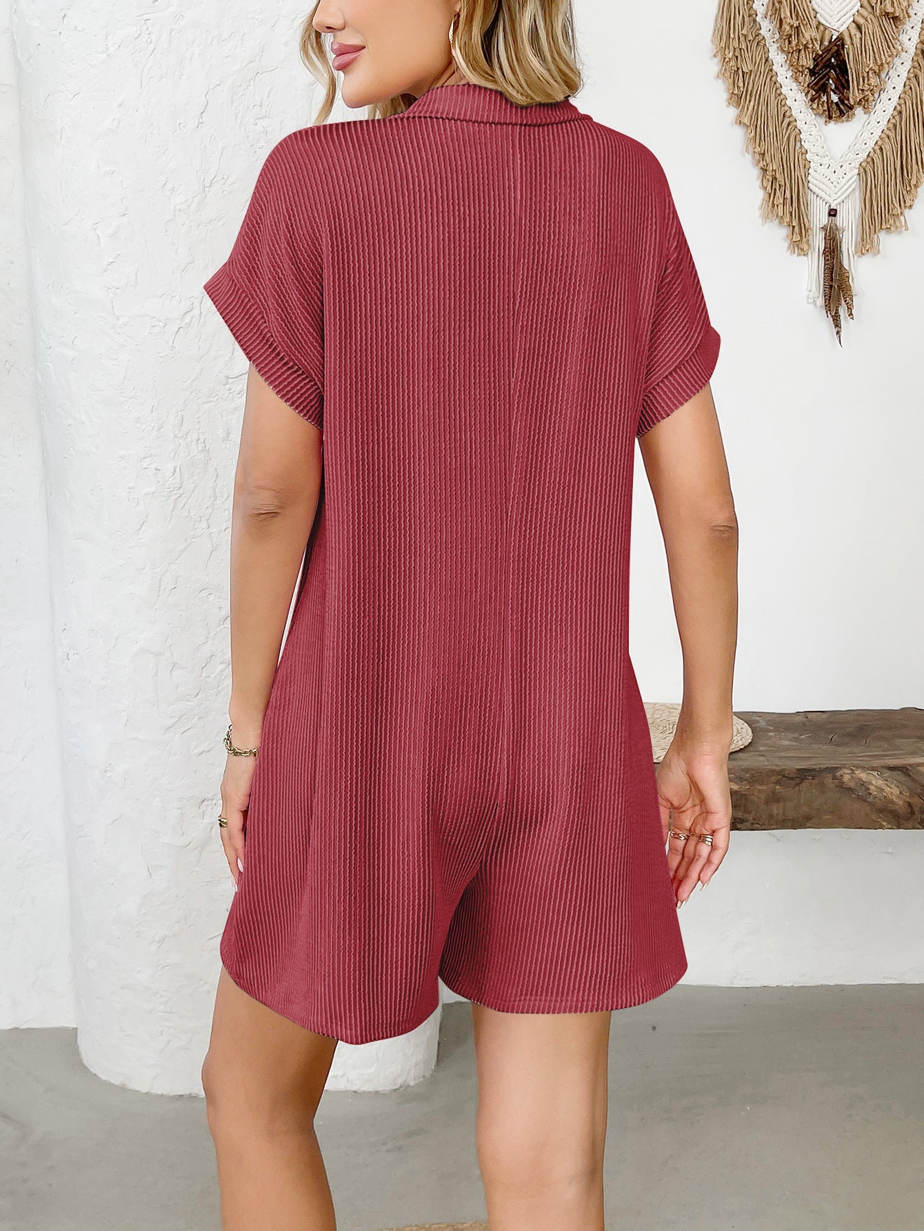 Lapel Button Loose Pocket Short Sleeve Jumpsuit
