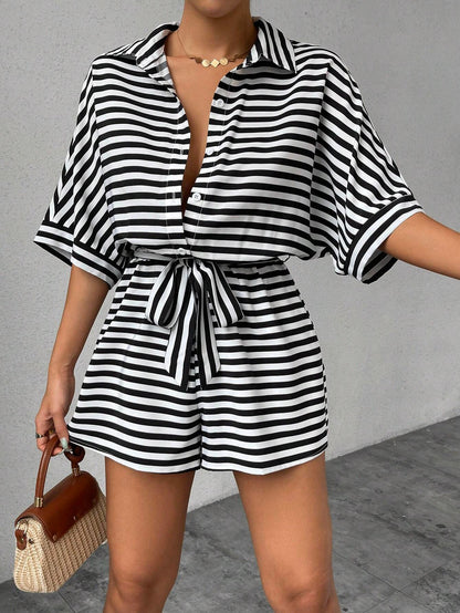 Striped Belted Button Down Romper with Half Sleeves