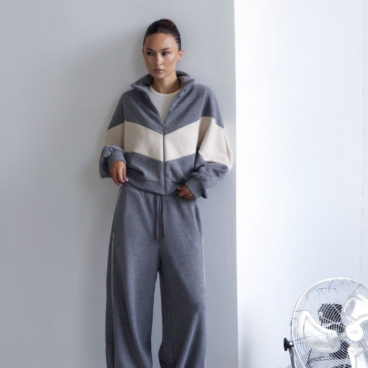 Women's Colorblock Zip Jacket Wide Leg Sweatpants Set