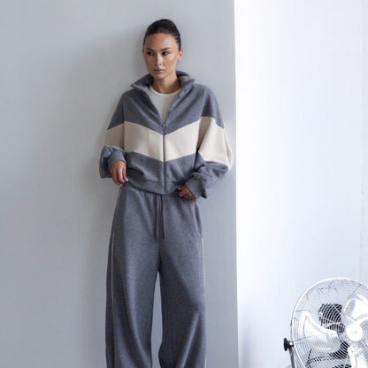 Women's Colorblock Zip Jacket Wide Leg Sweatpants Set