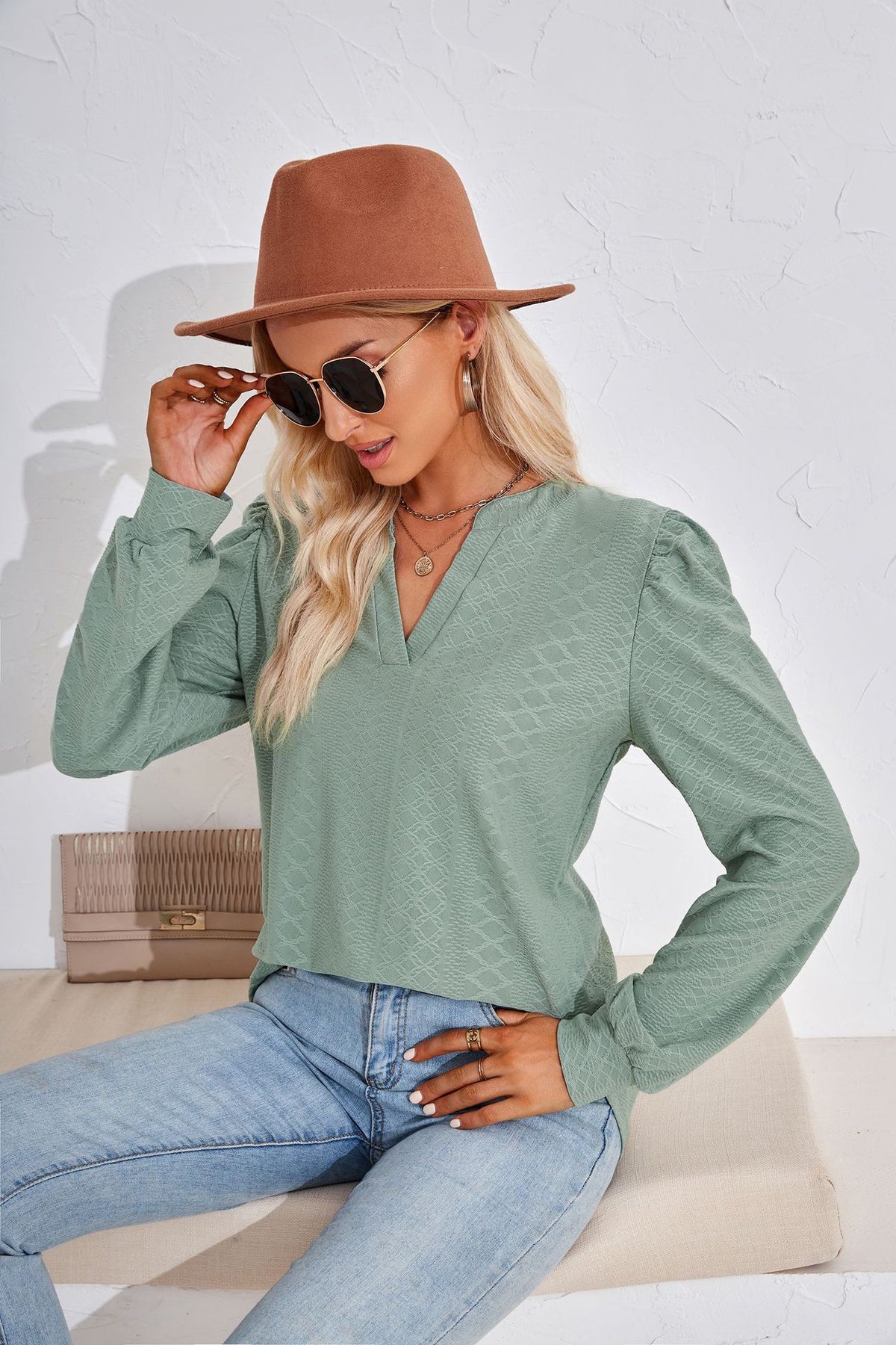 Women's V Neck Puff Sleeve Textured Tunic Top Long Sleeve