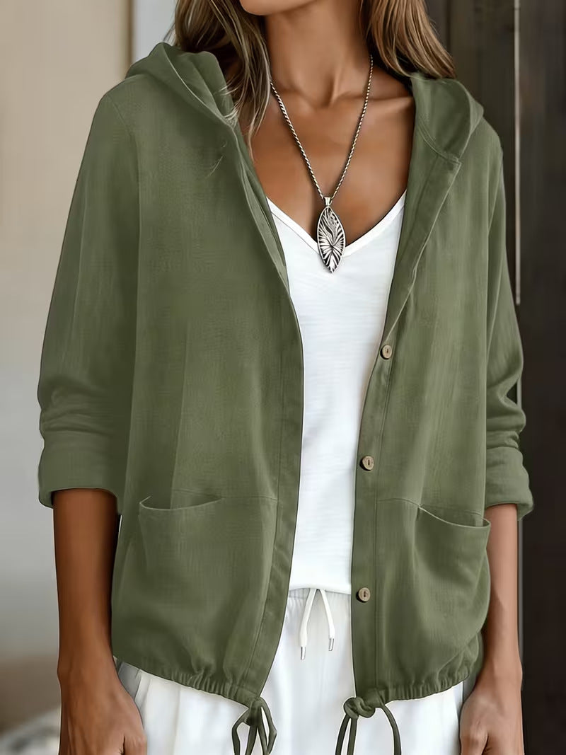 Women's Hooded Jacket Button Front Pockets Drawstring