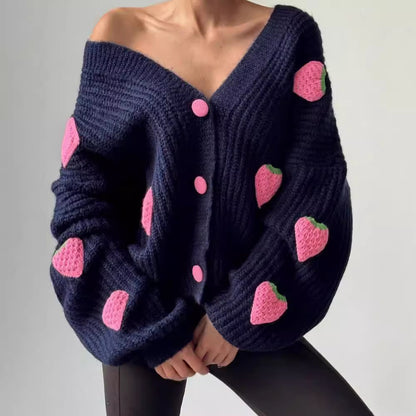 Oversized Chunky Knit Strawberry Cardigan Sweater