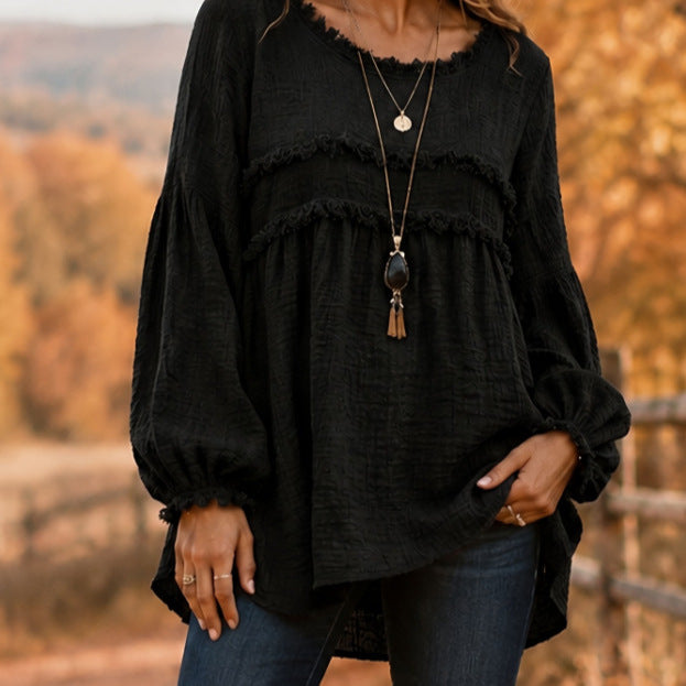 Women's Fringe Tiered Long Sleeve Flowy Textured Top