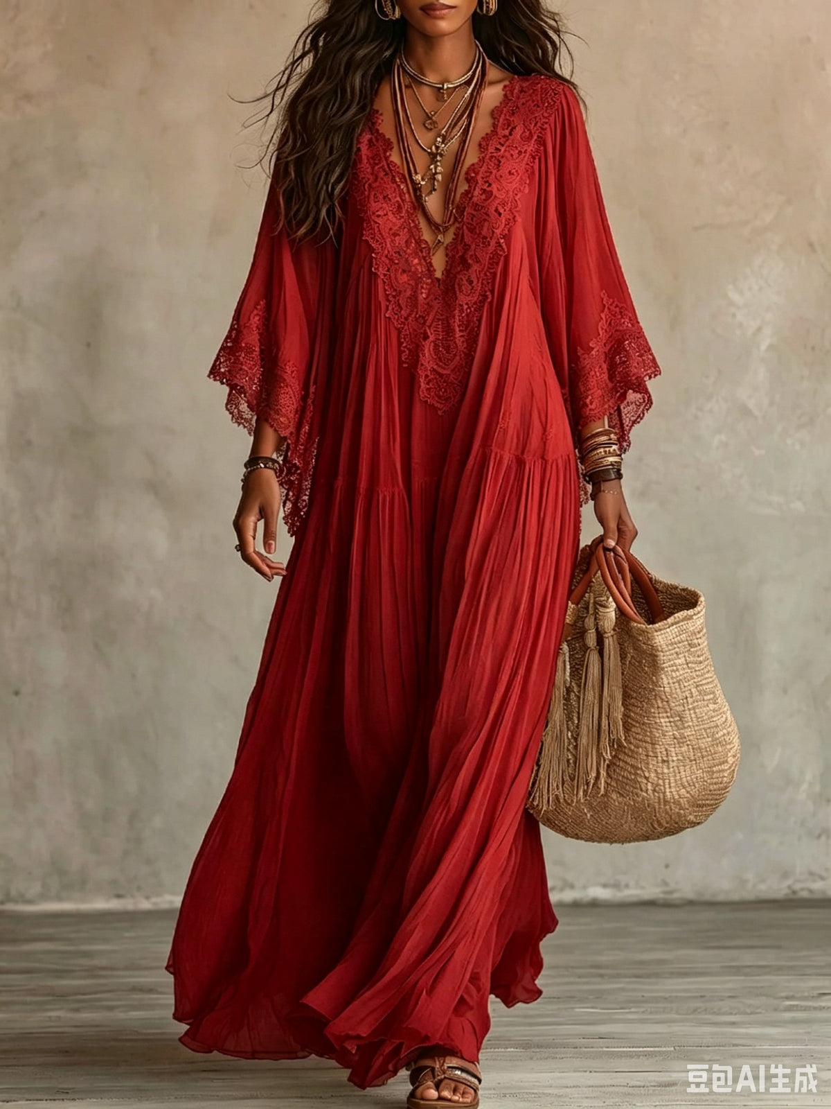 Lace V-Neck Batwing Sleeve Maxi Dress Boho Beach