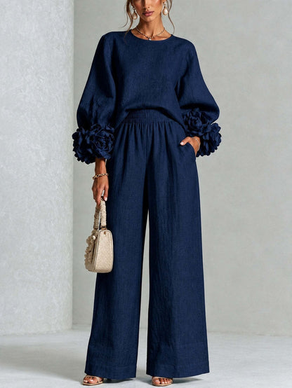 Women's Floral Cuff Top Wide Leg Pants Matching Set