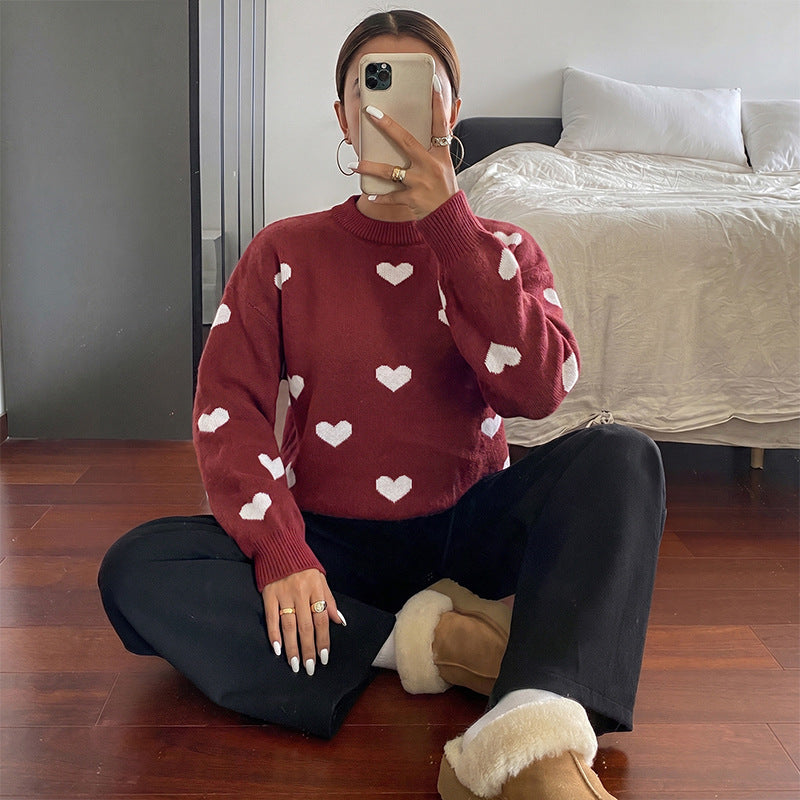 Heart Jacquard Knit Crew Neck Oversized Sweater