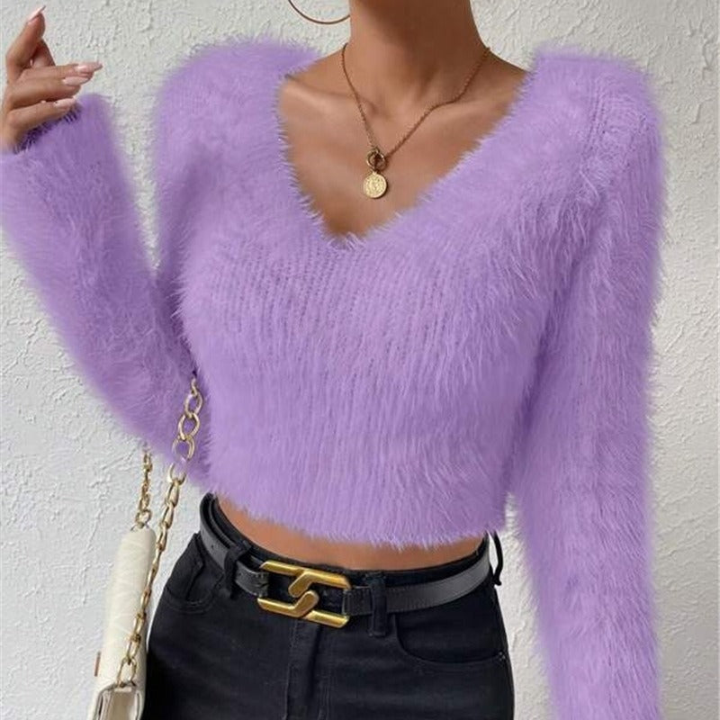 Women's Fuzzy V Neck Cropped Sweater