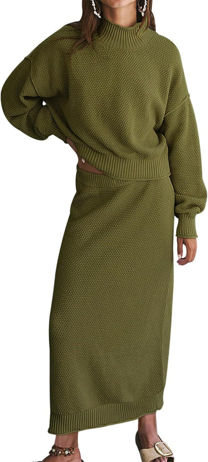 Women's Knit Two Piece Set Mock Neck Sweater Midi Skirt
