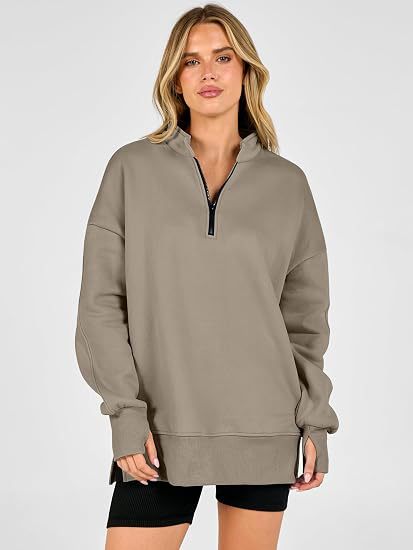 Oversized Half Zip Sweatshirt Side Slit Pullover Tunic