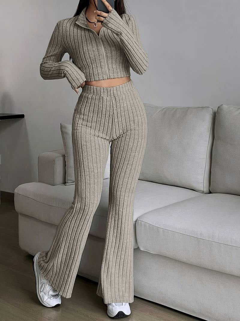 Women's Ribbed Zip Up Crop Top & High Waist Flare Pants Set