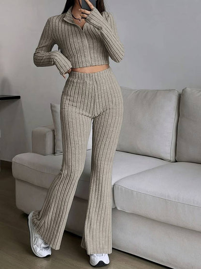 Women's Ribbed Zip Up Crop Top & High Waist Flare Pants Set