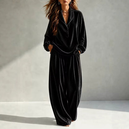 Women's Velvet Collared Lounge Set Wide Leg Pants