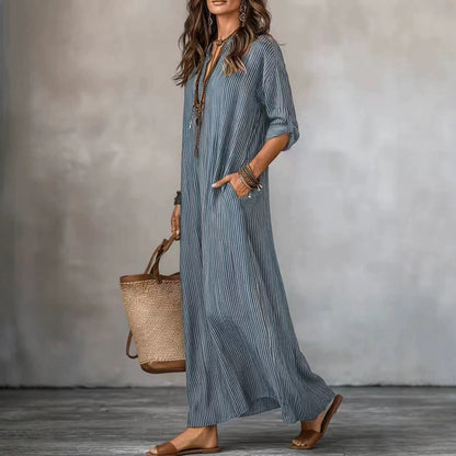 Striped V-Neck Maxi Dress Loose Casual 3/4 Sleeve