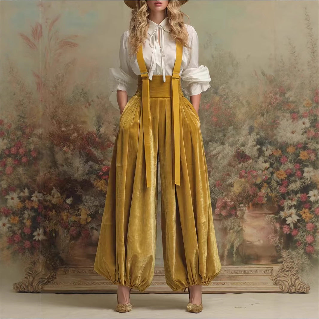Women's Velvet Suspender Balloon Pants High Waist