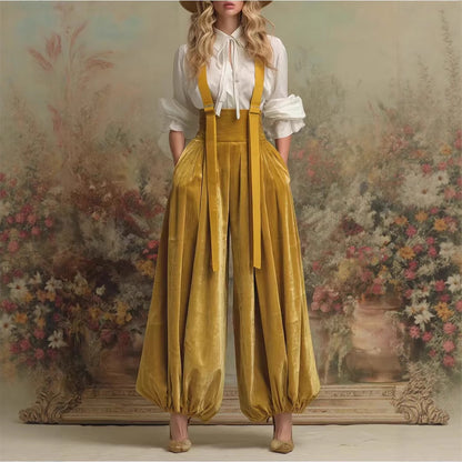 Women's Velvet Suspender Balloon Pants High Waist
