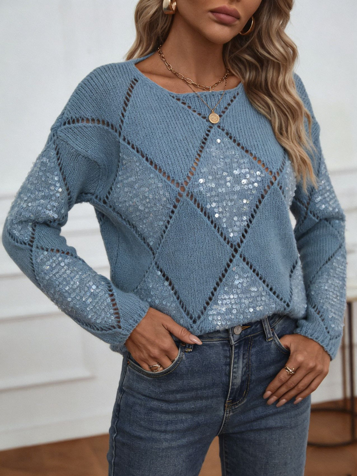 Women's Sequin Cutout Oversized Pullover Sweater