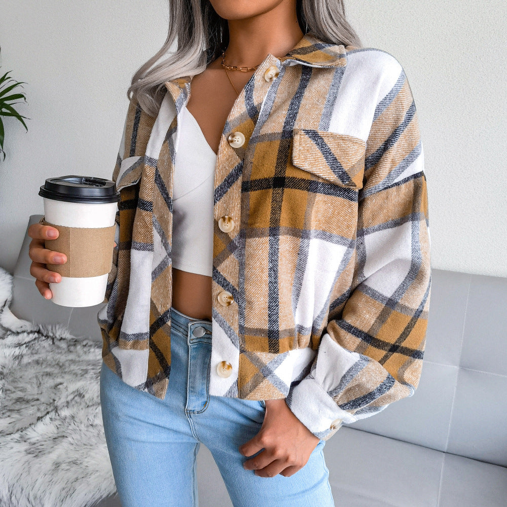 Women's Plaid Lantern Long Sleeve Tweed Jacket