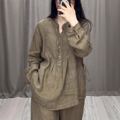 Women's Linen Matching Set Wide Leg Pants Button Up