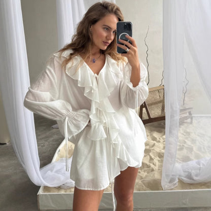 Womens Ruffle Blouse and Shorts Two Piece Set