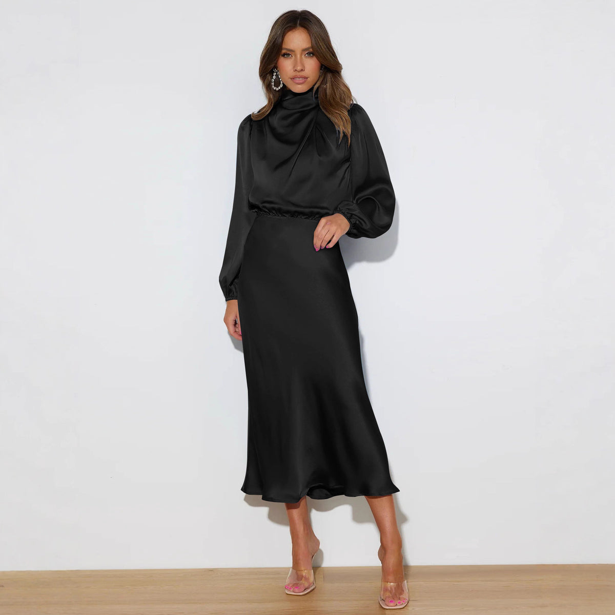Satin Mock Neck Puff Sleeve Bodycon Midi Dress Cocktail