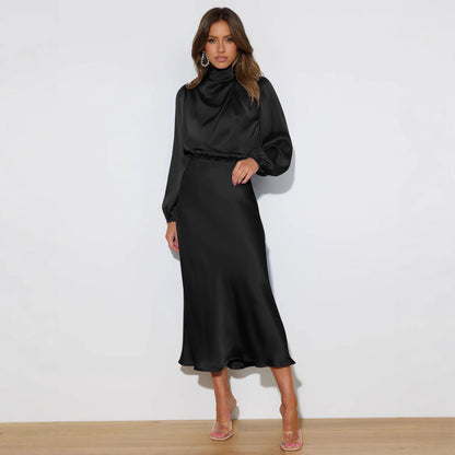 Satin Mock Neck Puff Sleeve Bodycon Midi Dress Cocktail