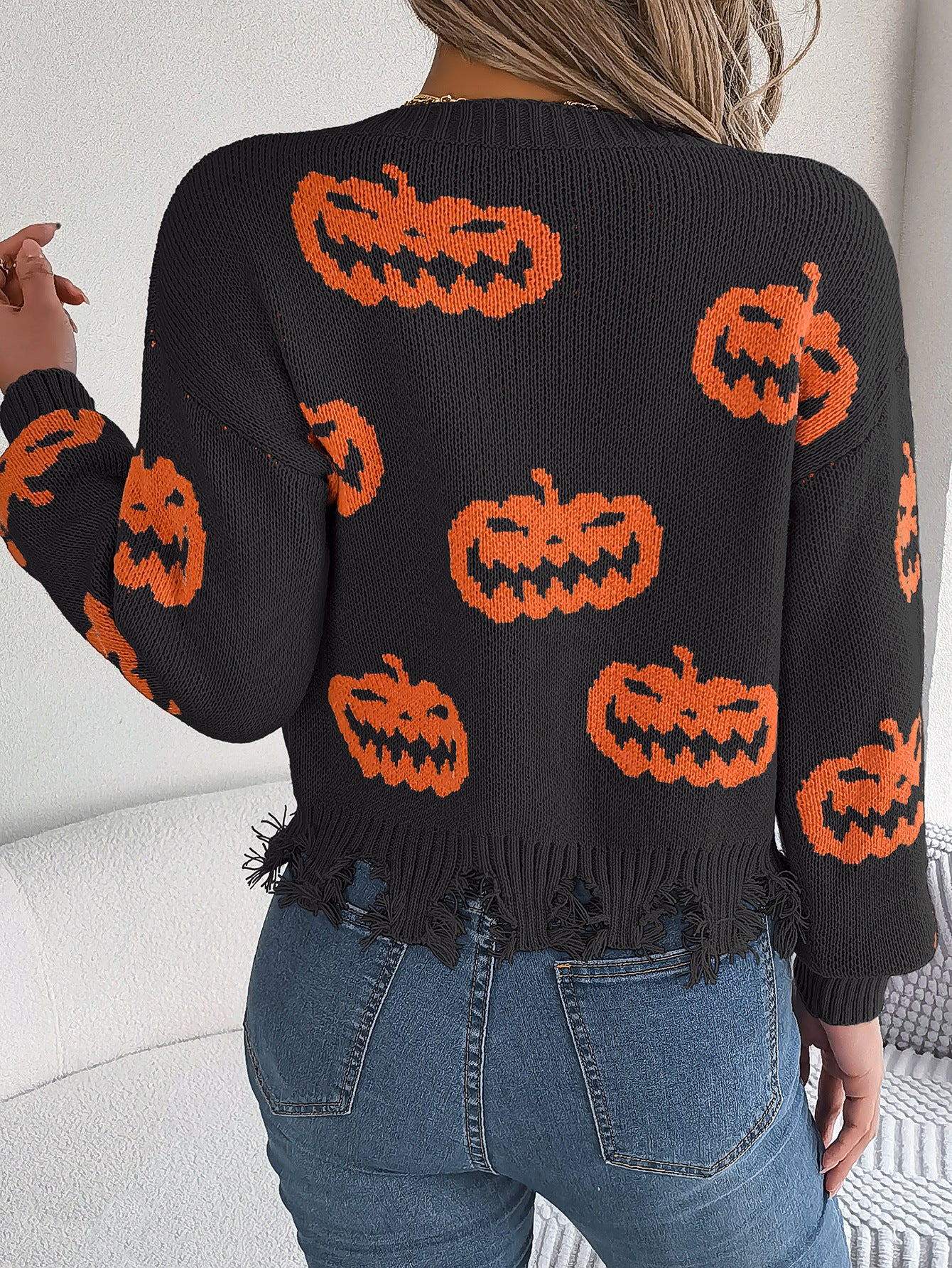 Halloween Pumpkin Knit Sweater with Frayed Hem